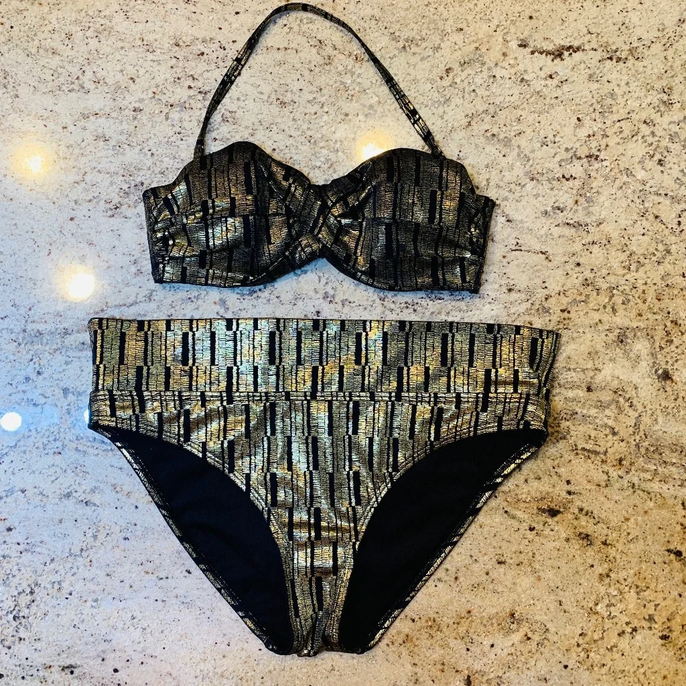 Victoria's Secret Bikini Top 34C Bottom Large Black Gold The Flirt Bandeau